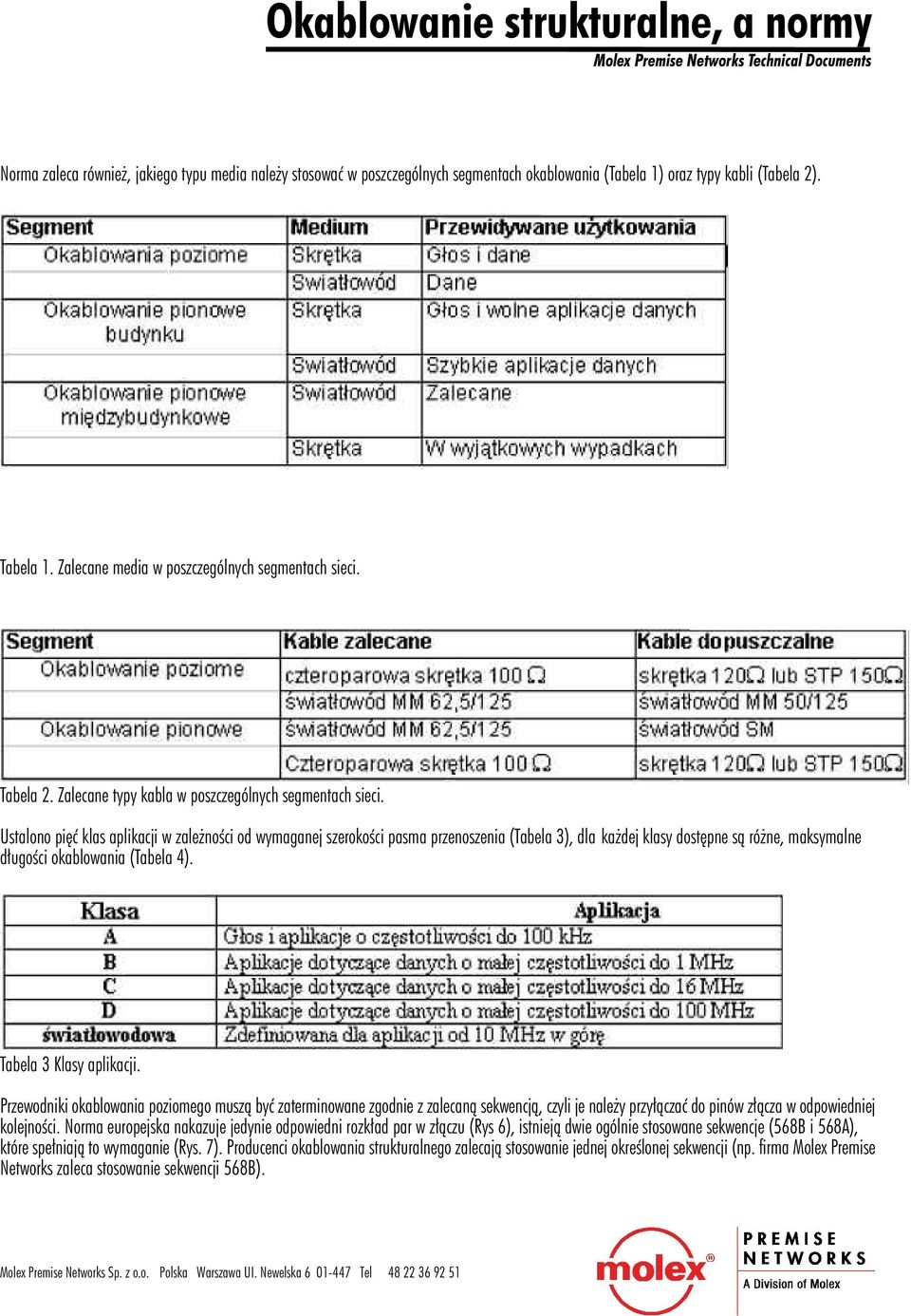 Ustalono piêæ klas aplikacji w zale noœci od wymaganej szerokoœci pasma przenoszenia (Tabela 3), dla ka dej klasy dostêpne s¹ ró ne, maksymalne d³ugoœci okablowania (Tabela 4).