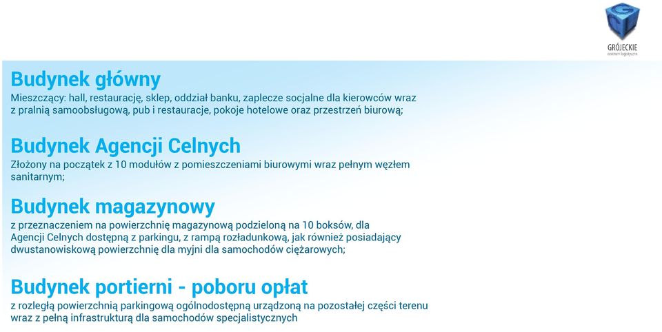 magazynową podzieloną na 10 boksów, dla Agencji Celnych dostępną z parkingu, z rampą rozładunkową, jak również posiadający dwustanowiskową powierzchnię dla myjni dla samochodów