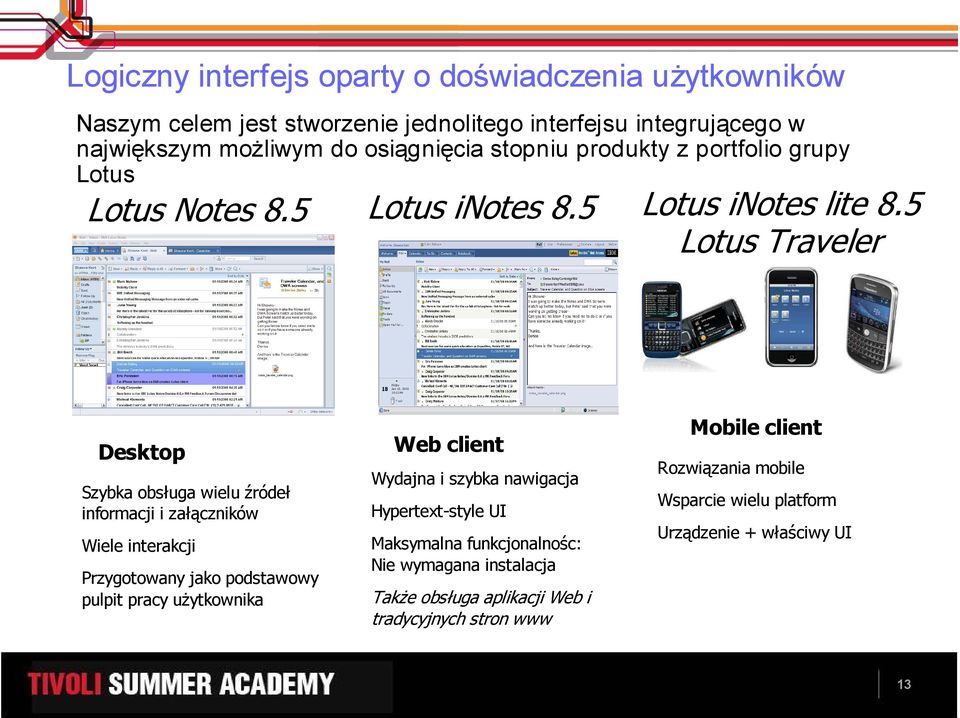 5 Lotus Traveler Desktop Szybka obsługa wielu źródeł informacji i załączników Wiele interakcji Przygotowany jako podstawowy pulpit pracy uŝytkownika Web client