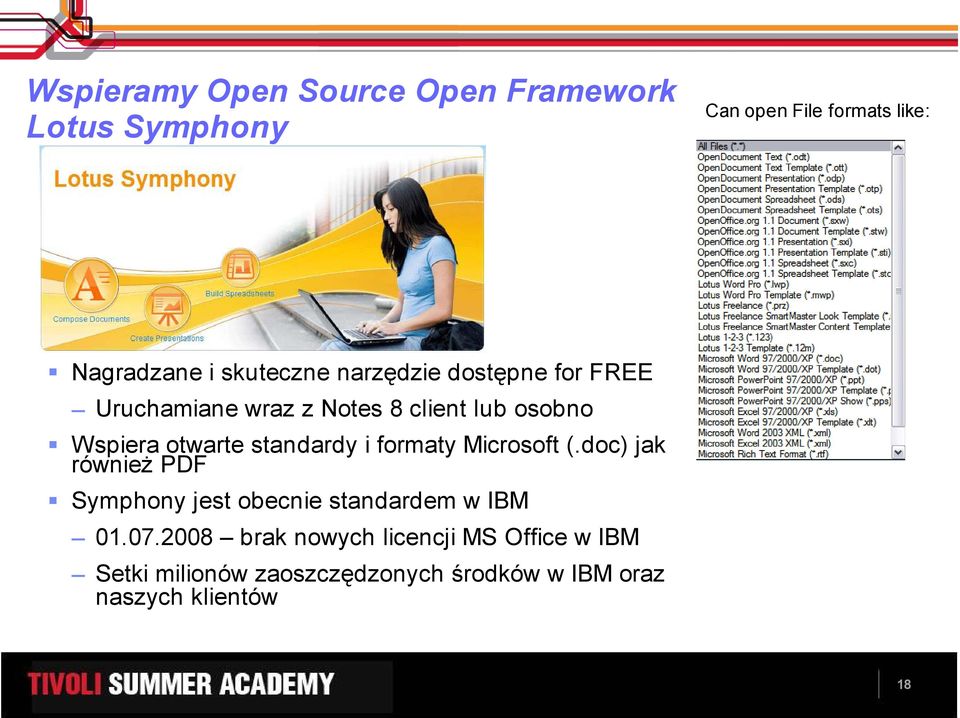 standardy i formaty Microsoft (.doc) jak równieŝ PDF Symphony jest obecnie standardem w IBM 01.07.