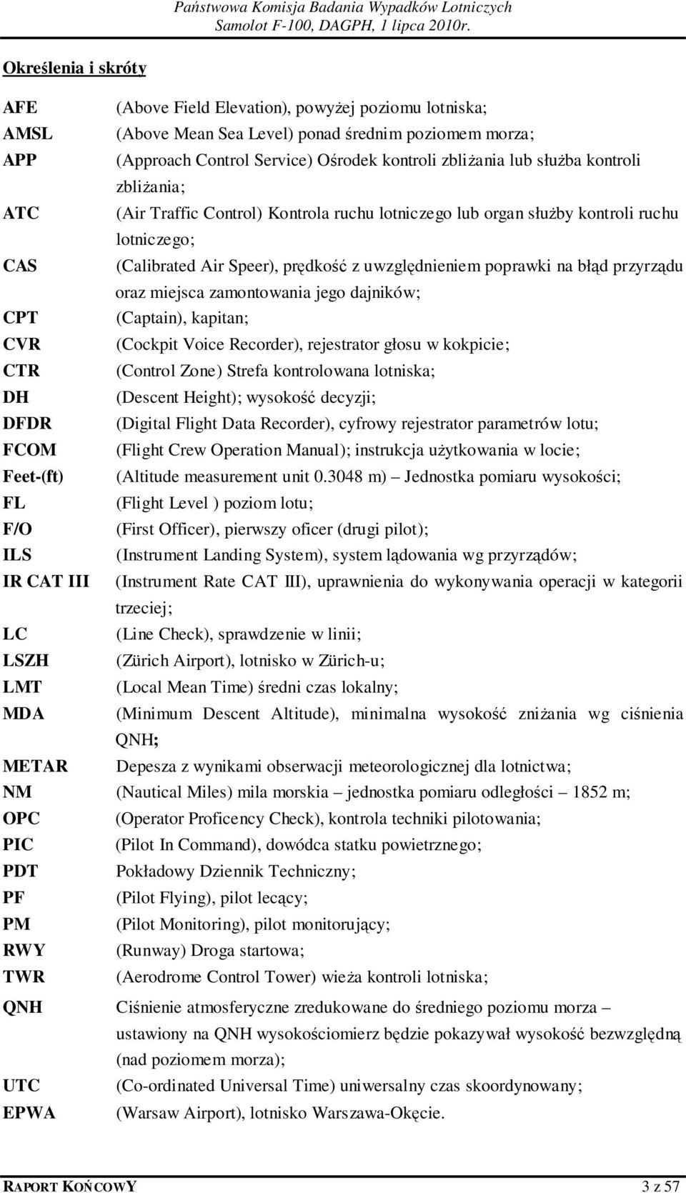 przyrządu oraz miejsca zamontowania jego dajników; CPT (Captain), kapitan; CVR (Cockpit Voice Recorder), rejestrator głosu w kokpicie; CTR (Control Zone) Strefa kontrolowana lotniska; DH (Descent