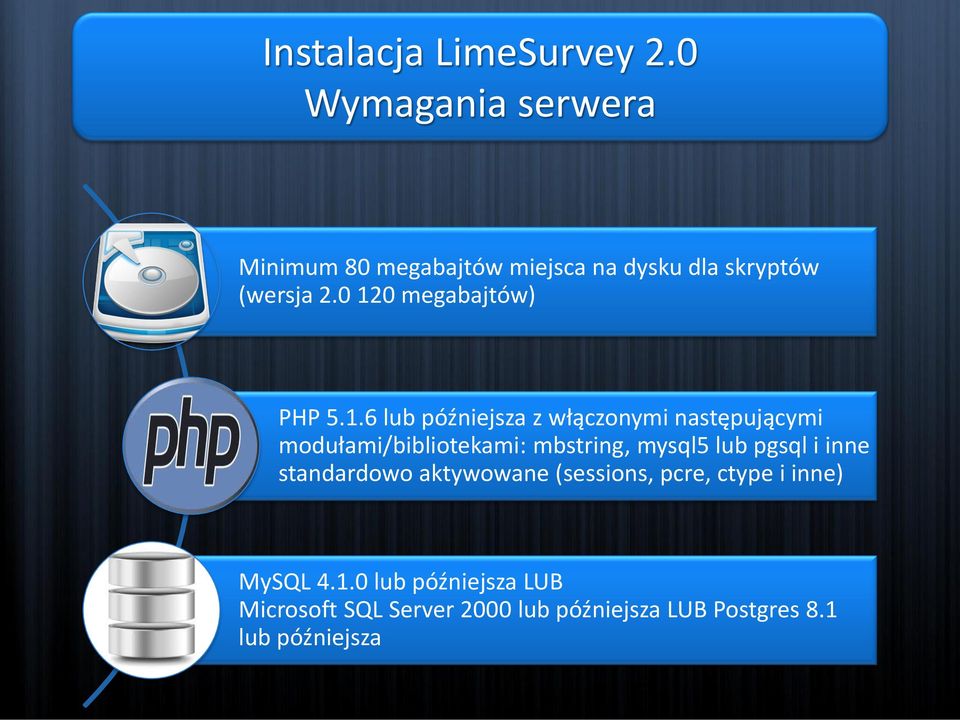 0 120 megabajtów) PHP 5.1.6 lub późniejsza z włączonymi następującymi modułami/bibliotekami: