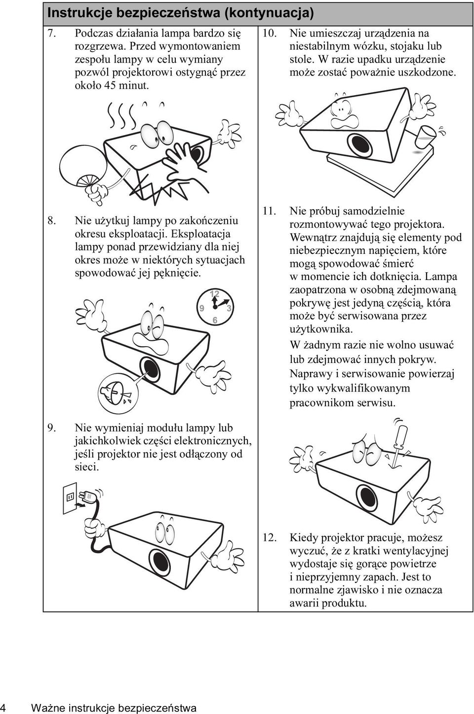 Eksploatacja lampy ponad przewidziany dla niej okres może w niektórych sytuacjach spowodować jej pęknięcie. 11. Nie próbuj samodzielnie rozmontowywać tego projektora.