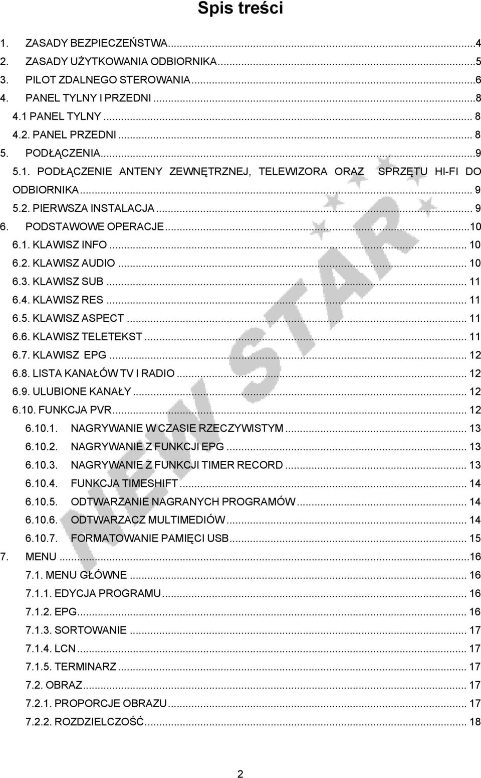 KLAWISZ SUB... 11 6.4. KLAWISZ RES... 11 6.5. KLAWISZ ASPECT... 11 6.6. KLAWISZ TELETEKST... 11 6.7. KLAWISZ EPG... 12 6.8. LISTA KANAŁÓW TV I RADIO... 12 6.9. ULUBIONE KANAŁY... 12 6.10. FUNKCJA PVR.