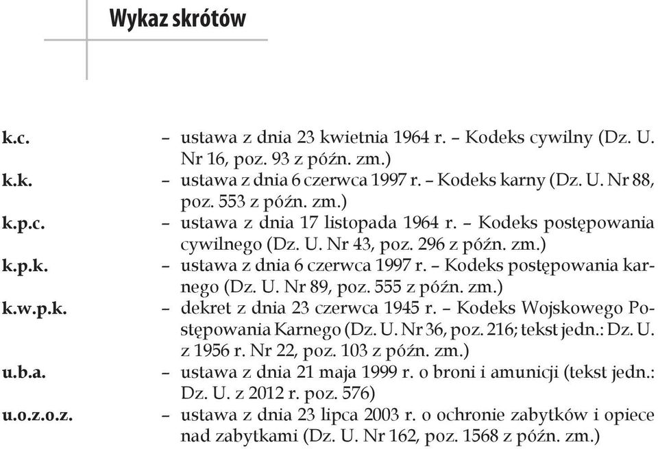 Kodeks Wojskowego Postępowania Karnego (Dz. U. Nr 36, poz. 216; tekst jedn.: Dz. U. z 1956 r. Nr 22, poz. 103 z późn. zm.) u.b.a. ustawa z dnia 21 maja 1999 r. o broni i amunicji (tekst jedn.: Dz. U. z 2012 r.