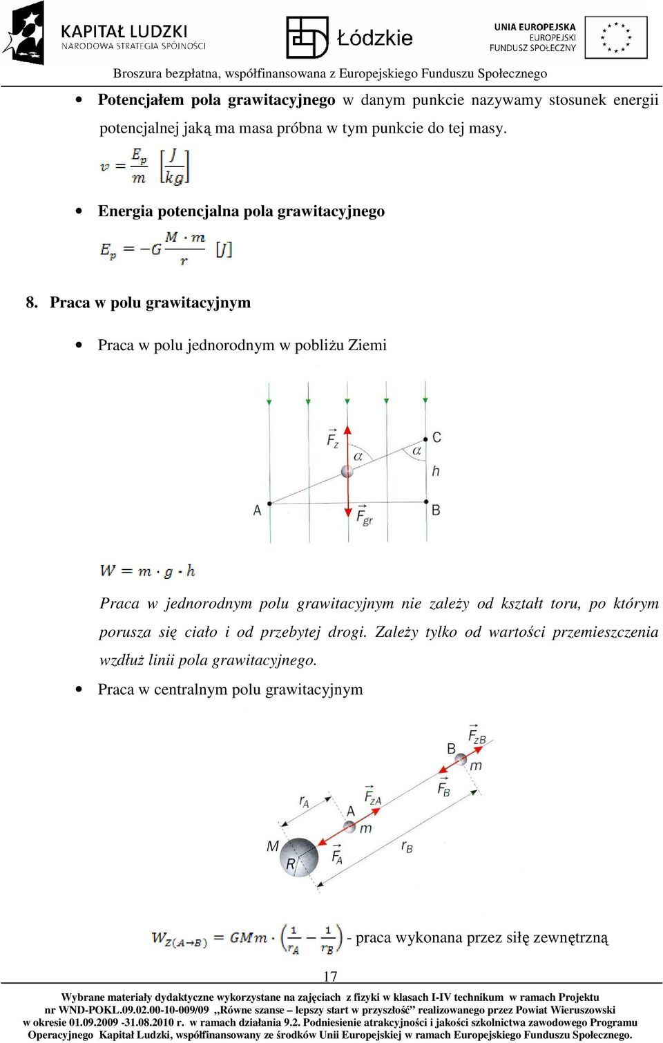 Praca w polu grawitacyjnym Praca w polu jednorodnym w pobliżu Ziemi Praca w jednorodnym polu grawitacyjnym nie zależy od kształt