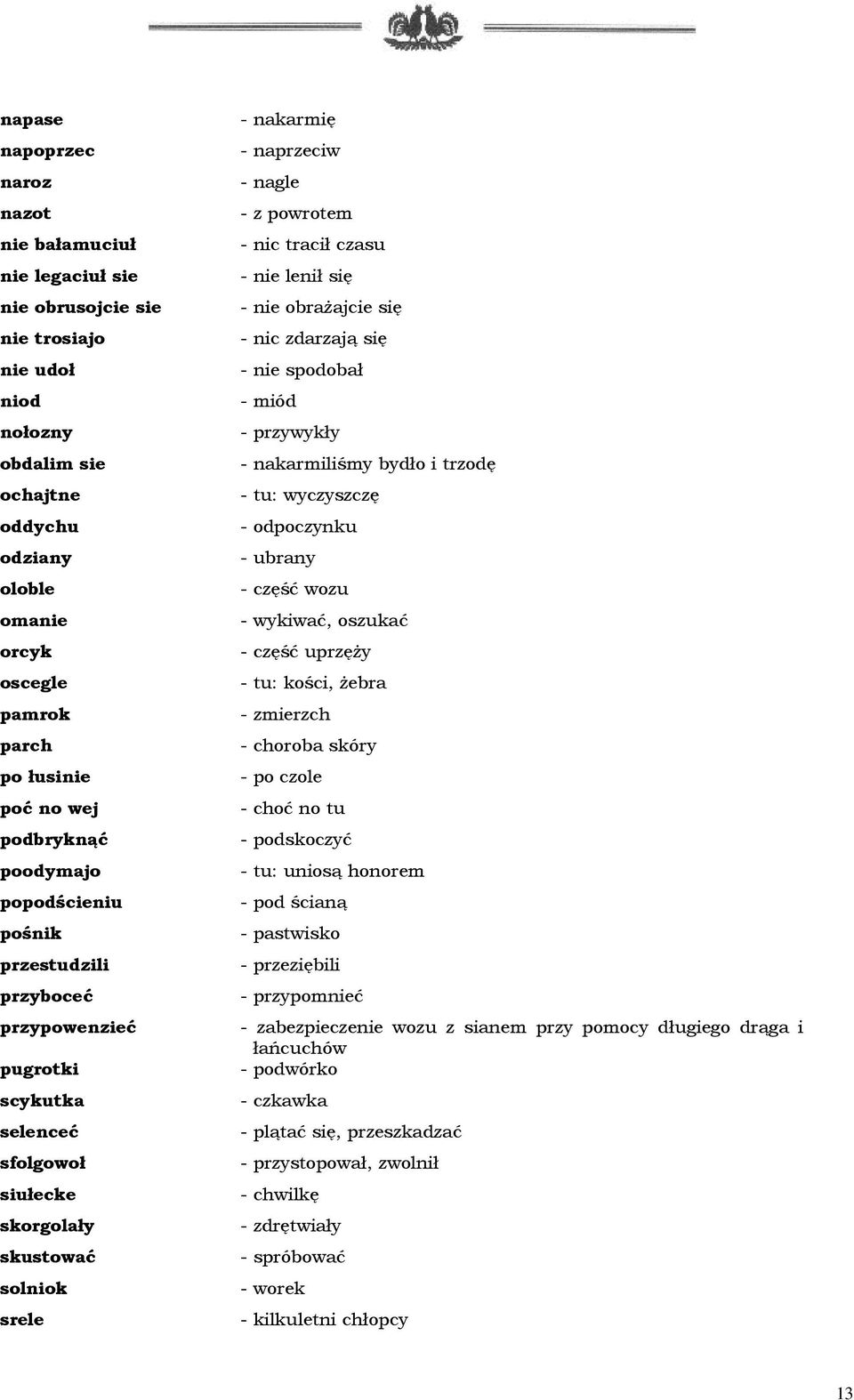 naprzeciw - nagle - z powrotem - nic tracił czasu - nie lenił się - nie obraŝajcie się - nic zdarzają się - nie spodobał - miód - przywykły - nakarmiliśmy bydło i trzodę - tu: wyczyszczę - odpoczynku