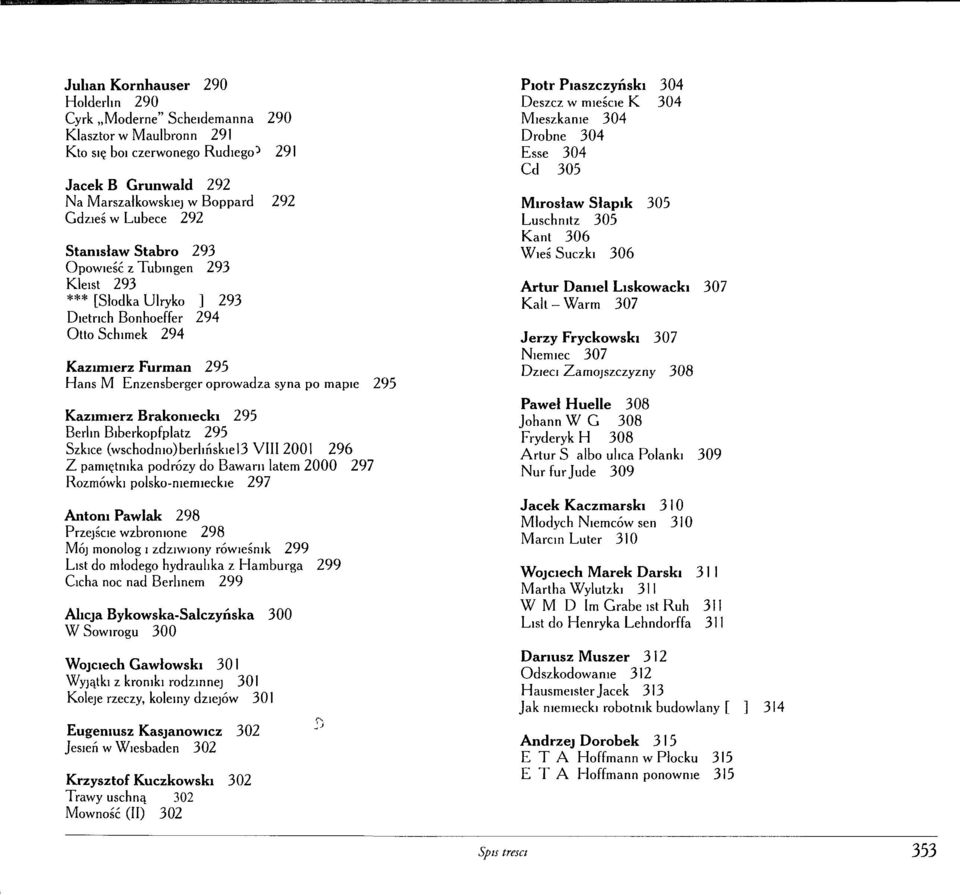 Kazimierz Brakomecki 295 Berlin Biberkopfplatz 295 Szkice (wschodnio)berhńskiel3 VIII 2001 296 Z pamiętnika podróży do Bawarii latem 2000 297 Rozmówki polsko-niemieckie 297 Antoni Pawlak 298