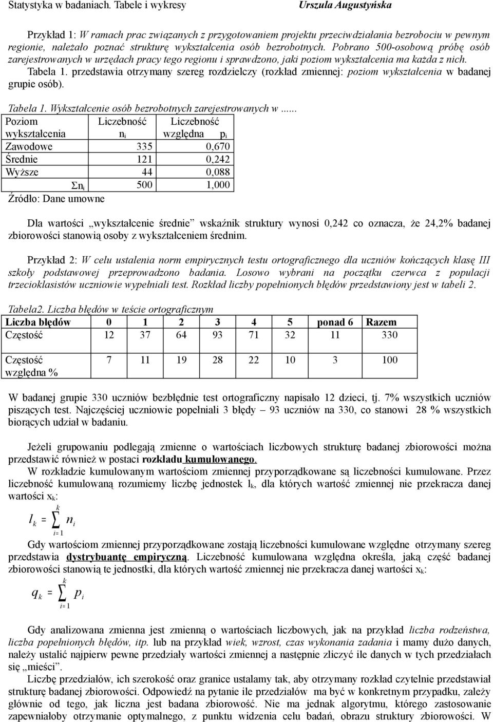 przedstawia otrzymany szereg rozdzielczy (rozkład zmiennej: poziom wykształcenia w badanej grupie osób). Tabela 1. osób bezrobotnych zarejestrowanych w.