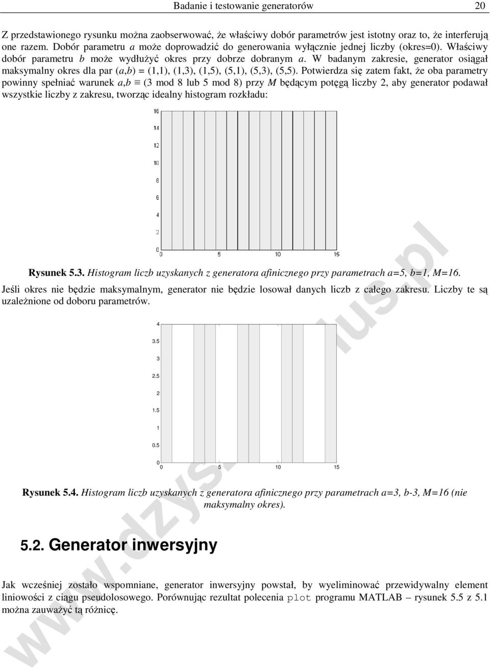 W badanym zakresie, generator osiągał maksymalny okres dla par (a,b) = (1,1), (1,3), (1,5), (5,1), (5,3), (5,5).