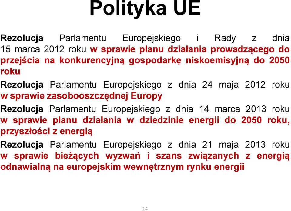 Parlamentu Europejskiego z dnia 14 marca 2013 roku w sprawie planu działania w dziedzinie energii do 2050 roku, przyszłości z energią Rezolucja