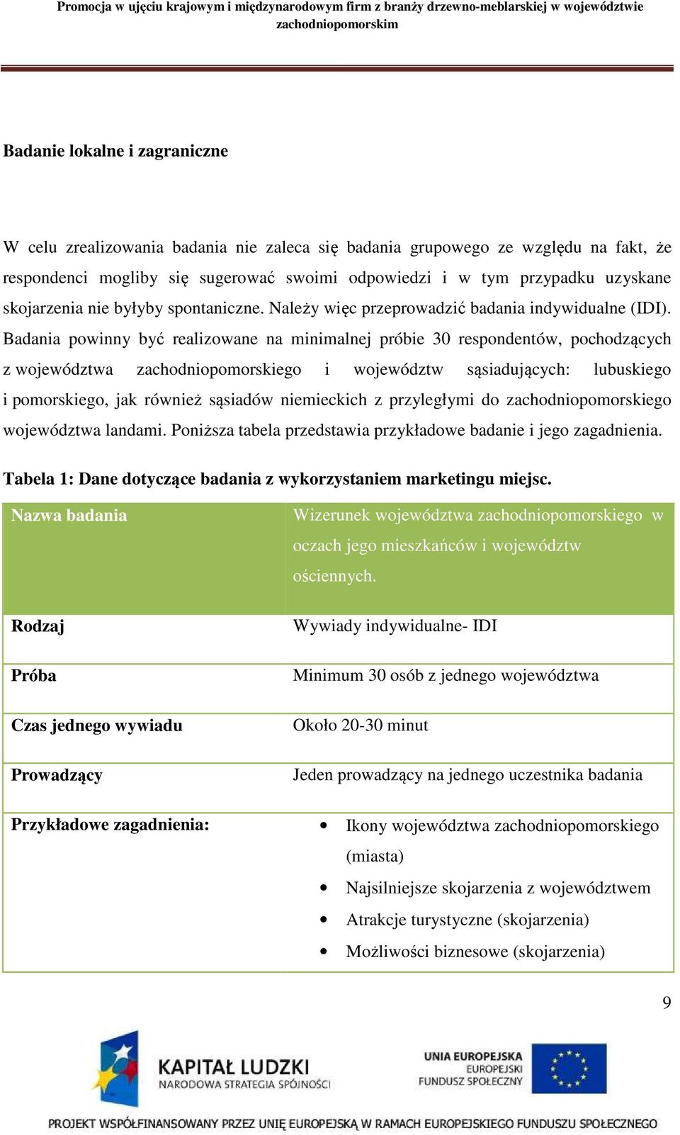 Badania powinny być realizowane na minimalnej próbie 30 respondentów, pochodzących z województwa zachodniopomorskiego i województw sąsiadujących: lubuskiego i pomorskiego, jak również sąsiadów