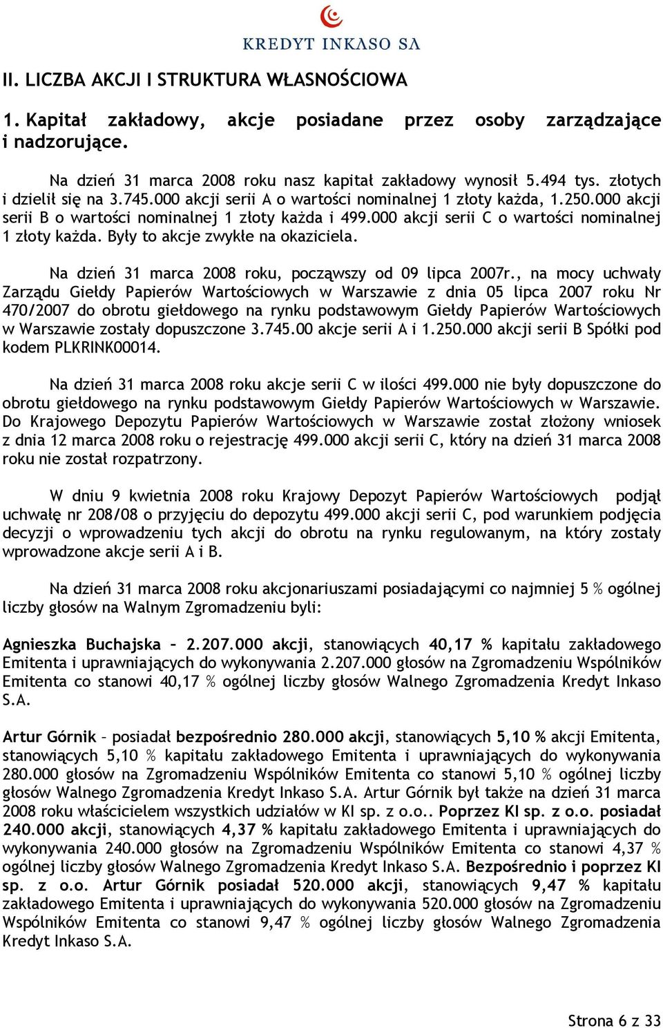 000 akcji serii C o wartości nominalnej 1 złoty każda. Były to akcje zwykłe na okaziciela. Na dzień 31 marca 2008 roku, począwszy od 09 lipca 2007r.