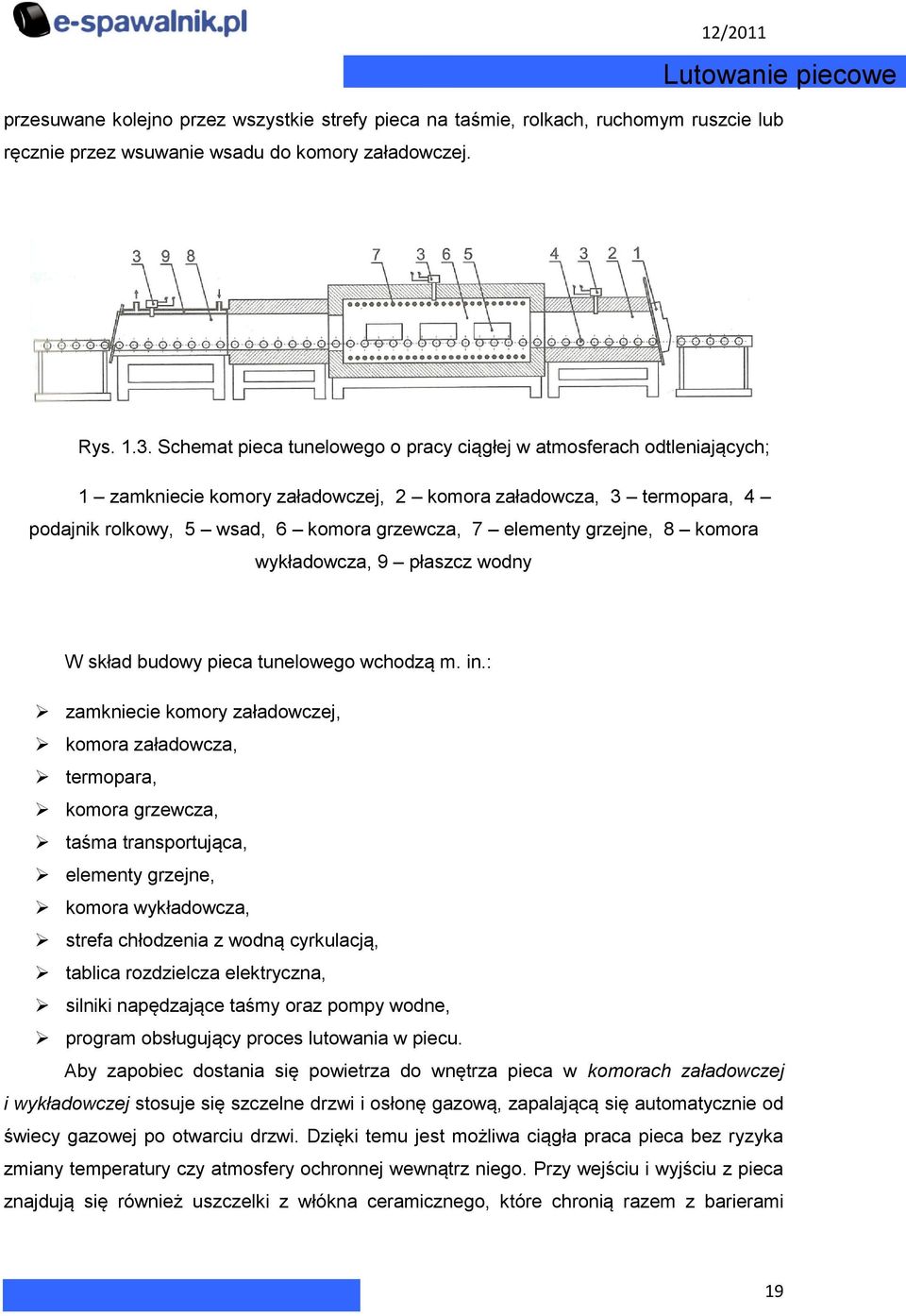 grzejne, 8 komora wykładowcza, 9 płaszcz wodny W skład budowy pieca tunelowego wchodzą m. in.