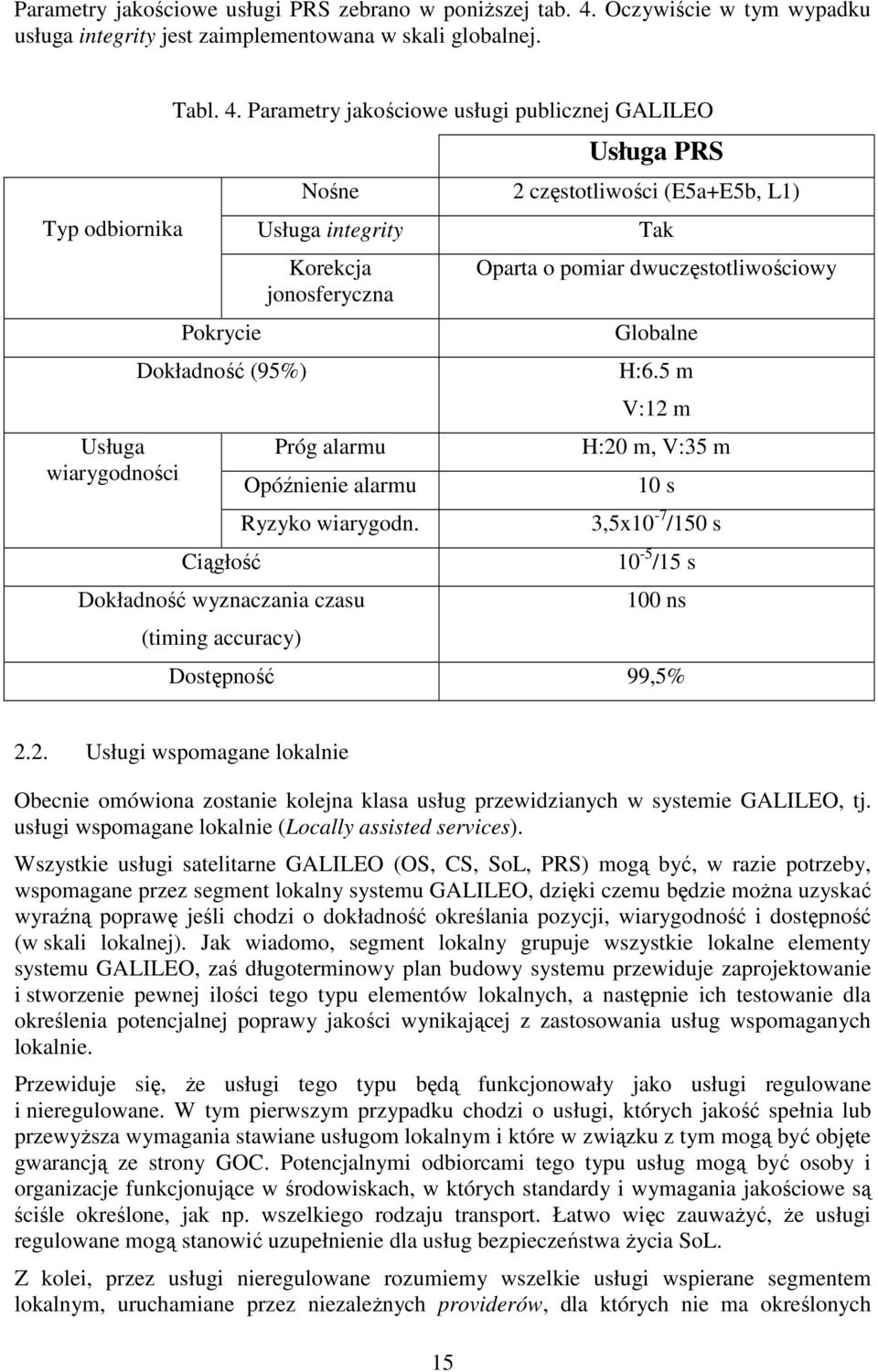 Parametry jakościowe usługi publicznej GALILEO Pokrycie Dokładność (95%) Ciągłość Usługa PRS Nośne 2 częstotliwości (E5a+E5b, L1) Usługa integrity Korekcja jonosferyczna Próg alarmu Opóźnienie alarmu