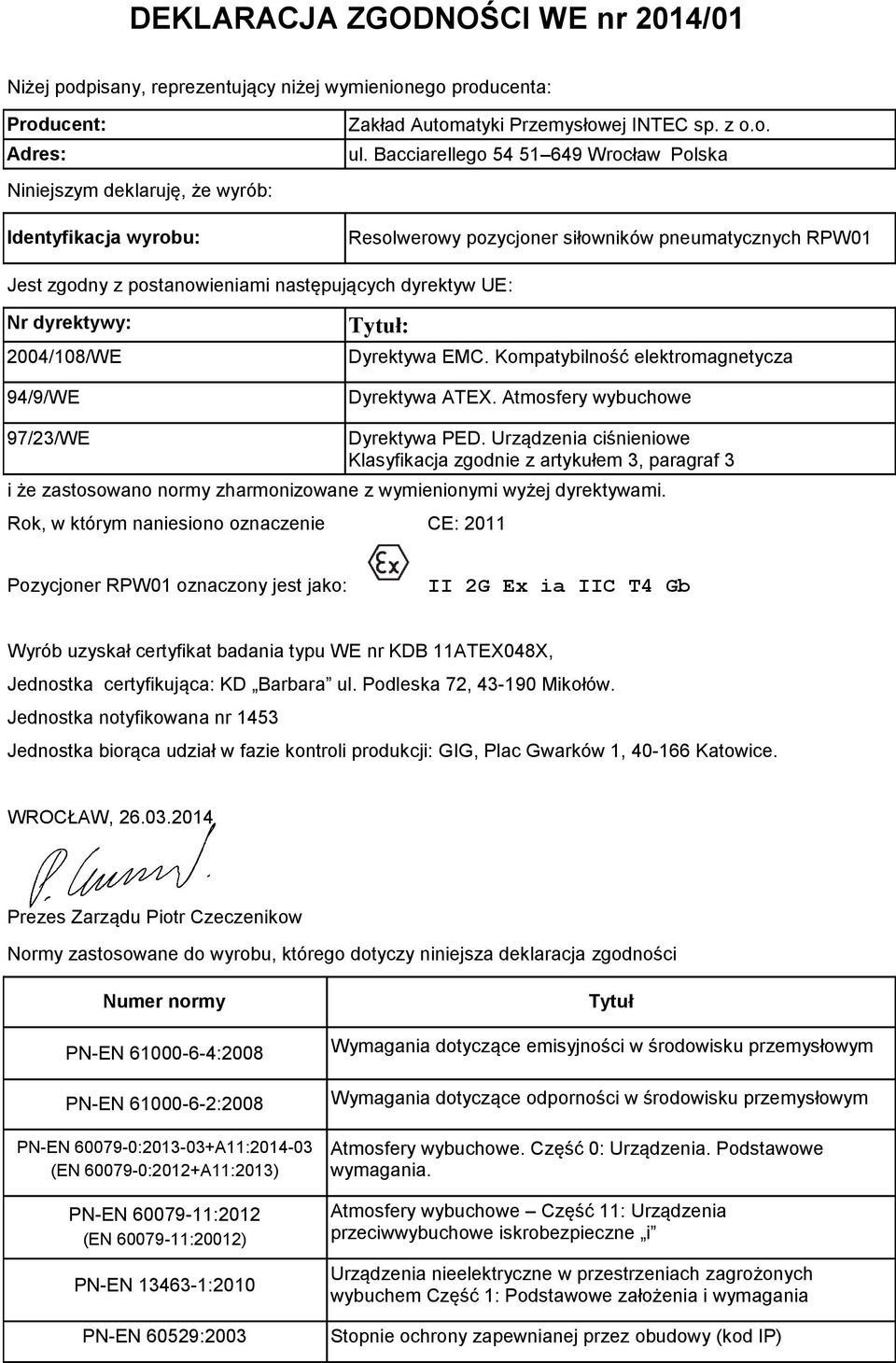 Bacciarellego 54 51 649 Wrocław Polska Resolwerowy pozycjoner siłowników pneumatycznych Jest zgodny z postanowieniami następujących dyrektyw UE: Nr dyrektywy: 2004/108/WE 94/9/WE Tytuł: Dyrektywa EMC.