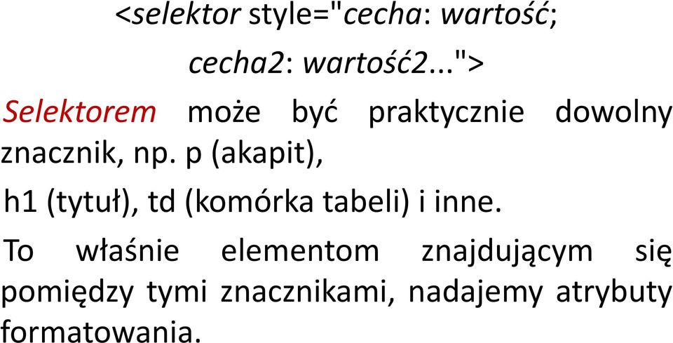 p (akapit), h1 (tytuł), td (komórka tabeli) i inne.