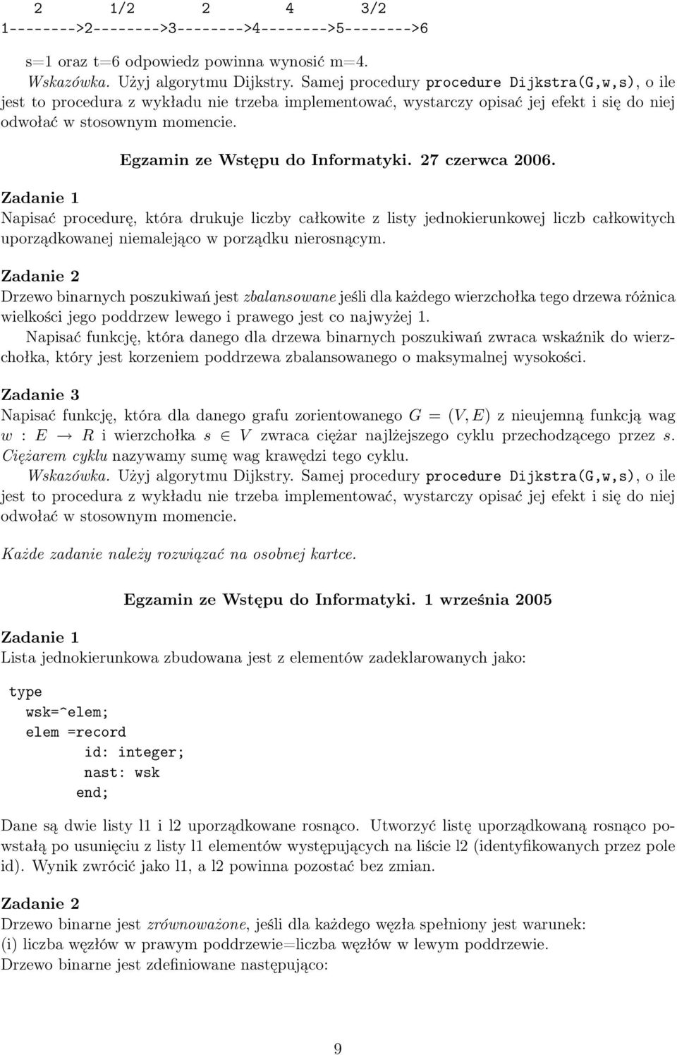 Egzamin ze Wstępu do Informatyki. 27 czerwca 2006. Napisać procedurę, która drukuje liczby całkowite z listy jednokierunkowej liczb całkowitych uporządkowanej niemalejąco w porządku nierosnącym.