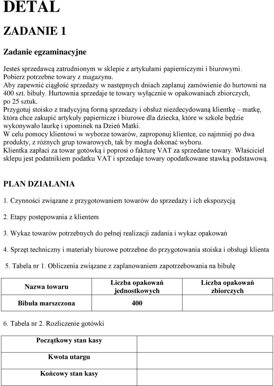 Przygotuj stoisko z tradycyjną formą sprzedaży i obsłuż niezdecydowaną klientkę matkę, która chce zakupić artykuły papiernicze i biurowe dla dziecka, które w szkole będzie wykonywało laurkę i