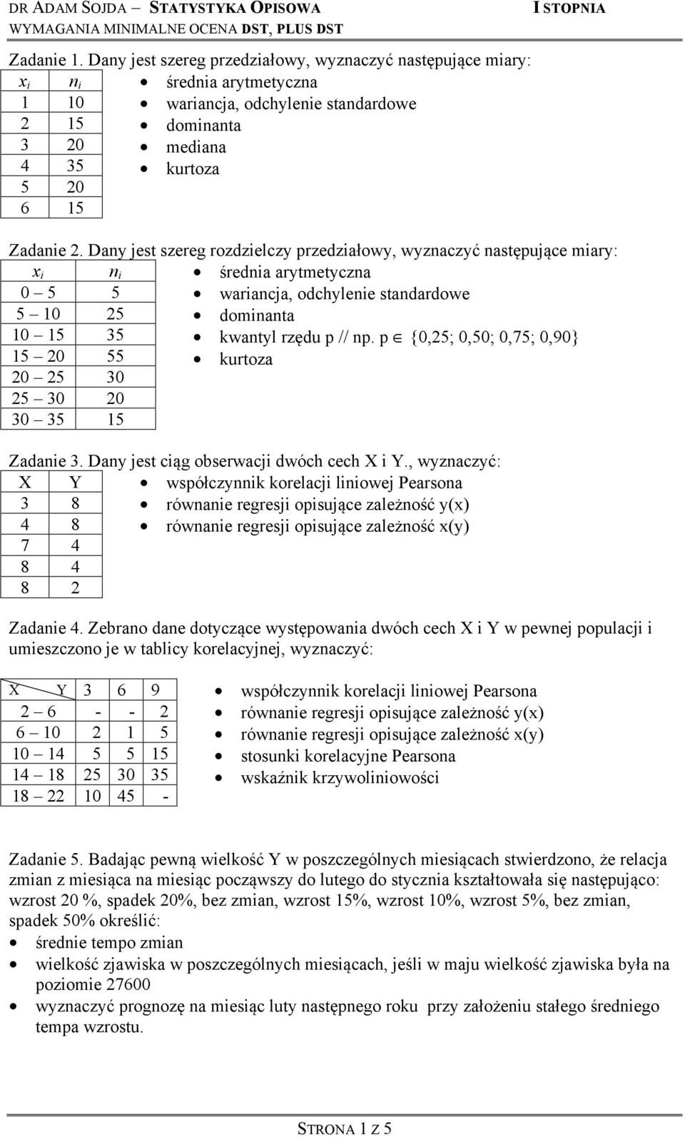 p {0,5; 0,50; 0,75; 0,90} 15 0 55 kurtoza 0 5 30 5 30 0 30 35 15 Zadane 3. Dany jet cąg oberwacj dwóch cech X Y.