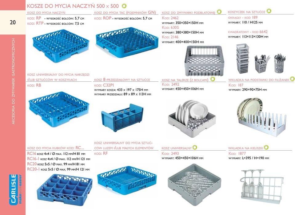 przedziału: 89 x 89 x 113H mm kosz do zmywarki podblatowej Kod: 2462 wymiary: 350 350 150H mm Kod: 630S wymiary: 380 380 150H mm Kod: 2146 wymiary: 400 400 150H mm kosz na talerze (z bolcami) Kod: