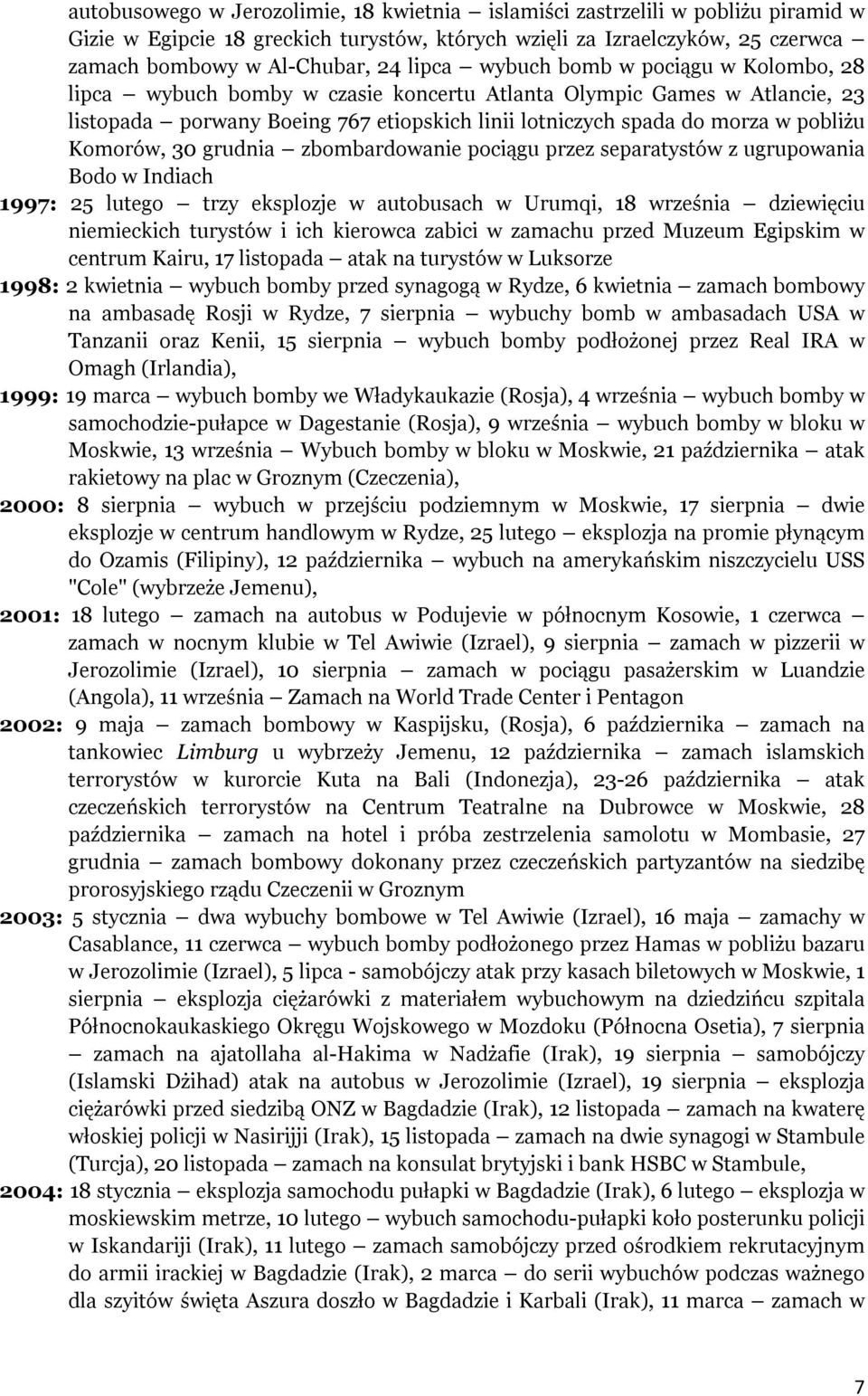 Komorów, 30 grudnia zbombardowanie pociągu przez separatystów z ugrupowania Bodo w Indiach 1997: 25 lutego trzy eksplozje w autobusach w Urumqi, 18 września dziewięciu niemieckich turystów i ich