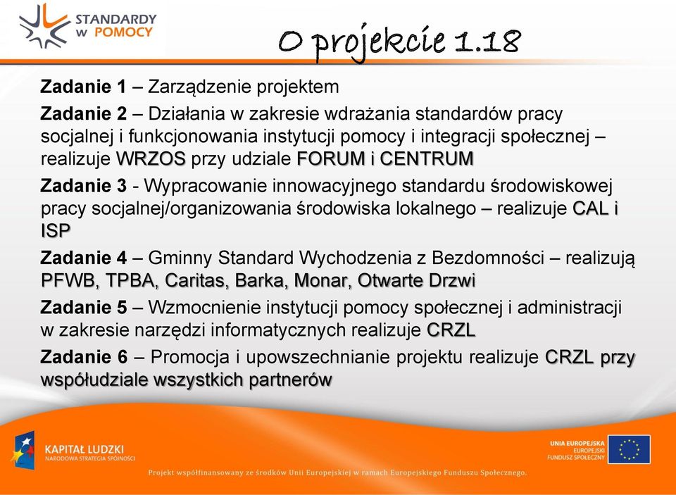 CENTRUM Zadanie 3 - Wypracowanie innowacyjnego standardu środowiskowej pracy socjalnej/organizowania środowiska lokalnego realizuje CAL i ISP Zadanie 4 Gminny Standard