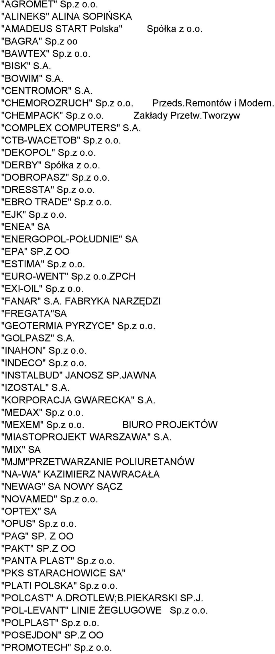 z o.o. "EJK" Sp.z o.o. "ENEA" SA "ENERGOPOL-POŁUDNIE" SA "EPA" SP.Z OO "ESTIMA" Sp.z o.o. "EURO-WENT" Sp.z o.o.zpch "EXI-OIL" Sp.z o.o. "FANAR" S.A. FABRYKA NARZĘDZI "FREGATA"SA "GEOTERMIA PYRZYCE" Sp.