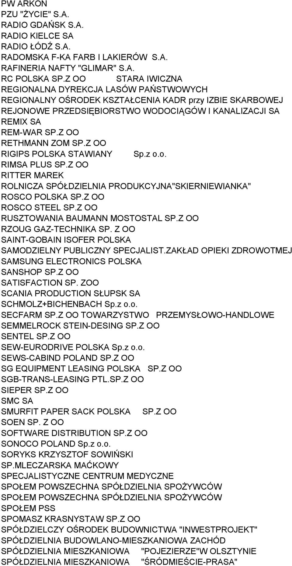 Z OO RETHMANN ZOM SP.Z OO RIGIPS POLSKA STAWIANY Sp.z o.o. RIMSA PLUS SP.Z OO RITTER MAREK ROLNICZA SPÓŁDZIELNIA PRODUKCYJNA"SKIERNIEWIANKA" ROSCO POLSKA SP.Z OO ROSCO STEEL SP.