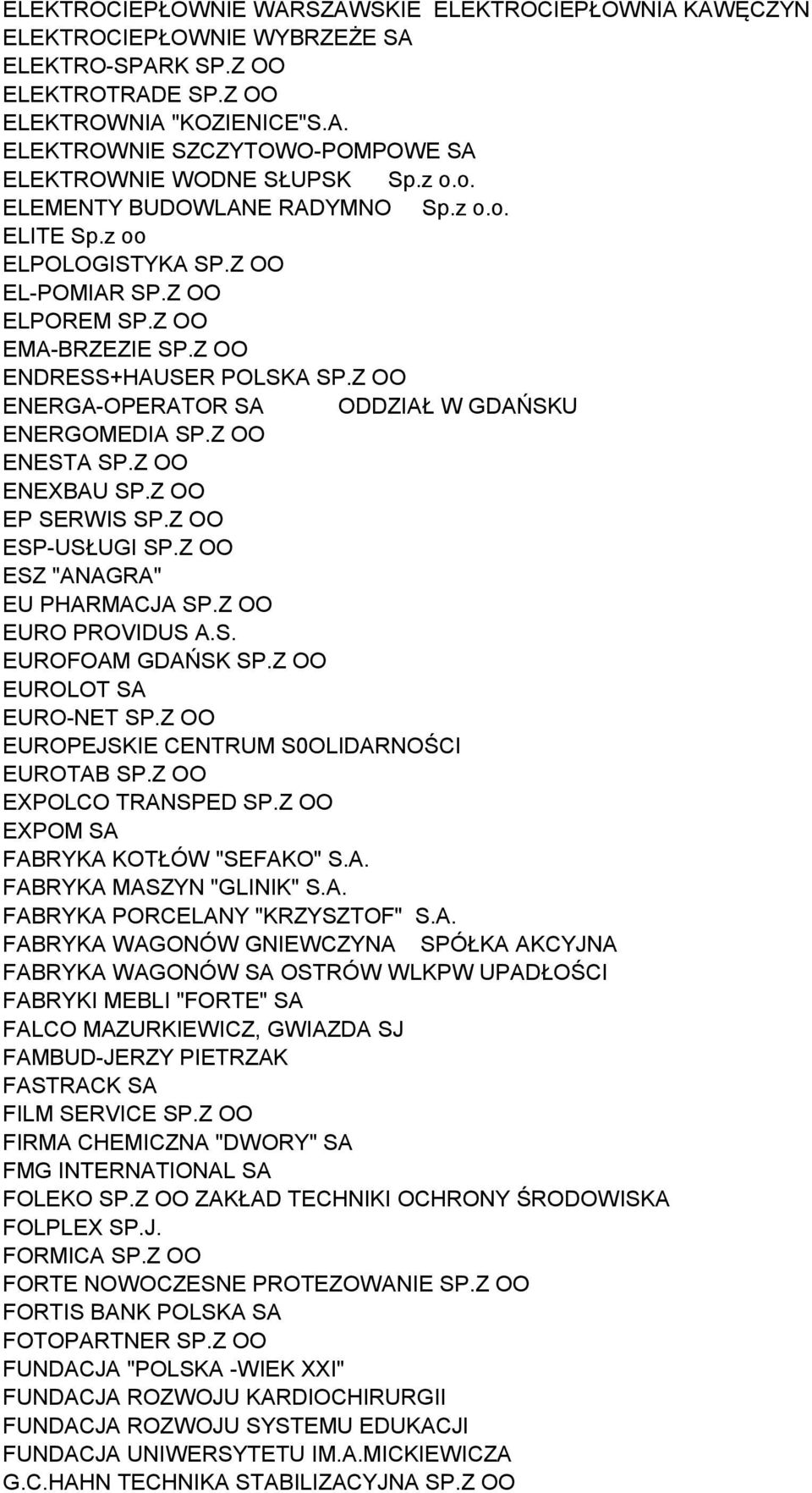 Z OO ENERGA-OPERATOR SA ODDZIAŁ W GDAŃSKU ENERGOMEDIA SP.Z OO ENESTA SP.Z OO ENEXBAU SP.Z OO EP SERWIS SP.Z OO ESP-USŁUGI SP.Z OO ESZ "ANAGRA" EU PHARMACJA SP.Z OO EURO PROVIDUS A.S. EUROFOAM GDAŃSK SP.