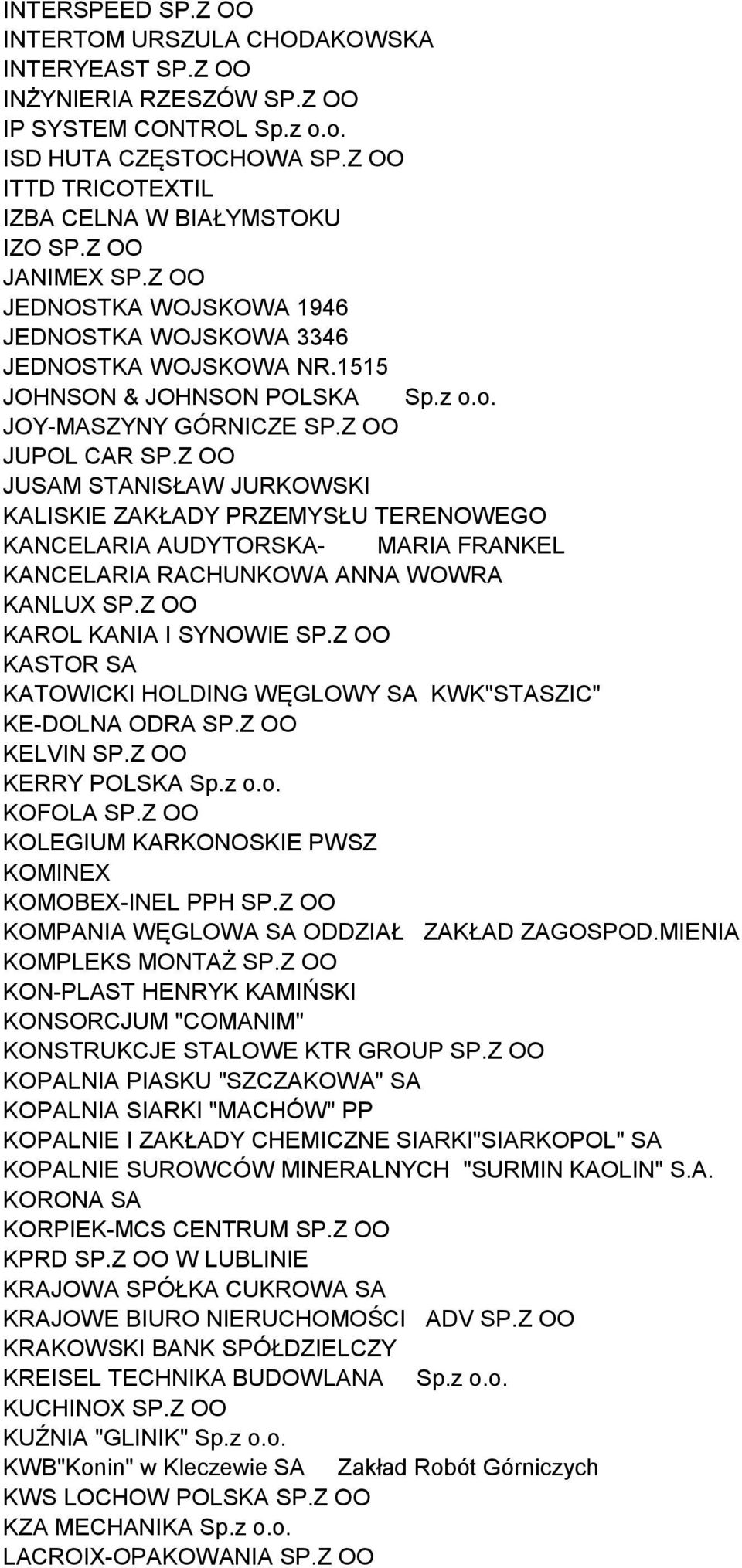 Z OO JUSAM STANISŁAW JURKOWSKI KALISKIE ZAKŁADY PRZEMYSŁU TERENOWEGO KANCELARIA AUDYTORSKA- MARIA FRANKEL KANCELARIA RACHUNKOWA ANNA WOWRA KANLUX SP.Z OO KAROL KANIA I SYNOWIE SP.