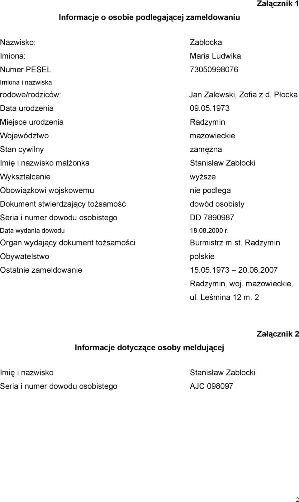 1973 Miejsce urodzenia Radzymin Województwo mazowieckie Stan cywilny zamężna Imię i nazwisko małżonka Stanisław Zabłocki Wykształcenie wyższe Obowiązkowi wojskowemu nie podlega Dokument stwierdzający