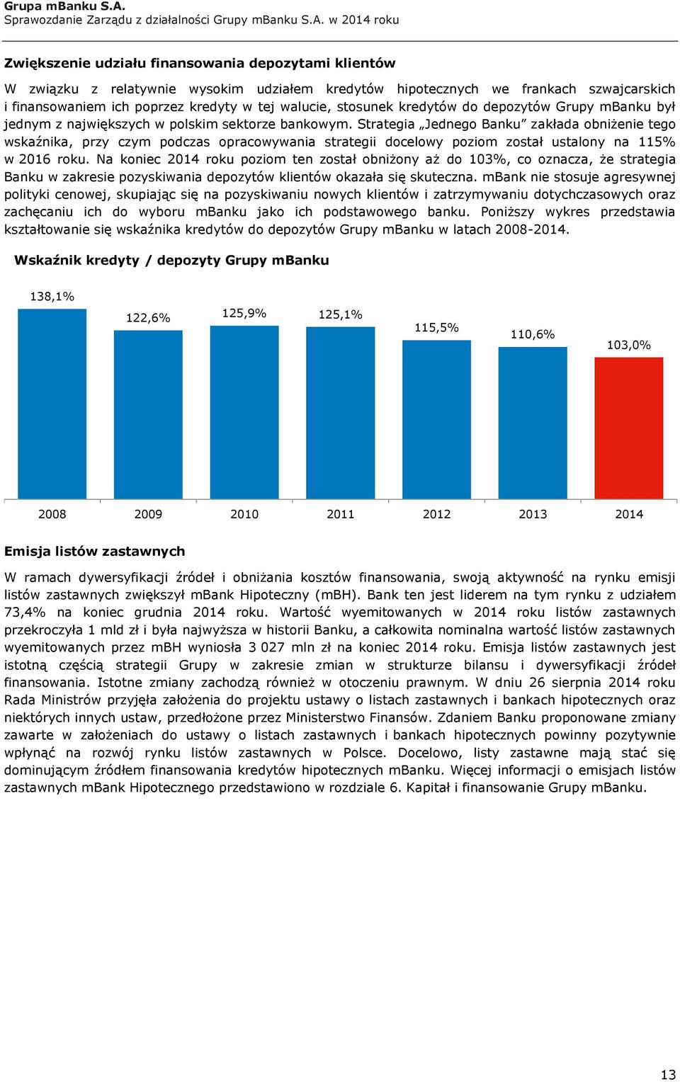 Strategia Jednego Banku zakłada obniżenie tego wskaźnika, przy czym podczas opracowywania strategii docelowy poziom został ustalony na 115% w 2016 roku.