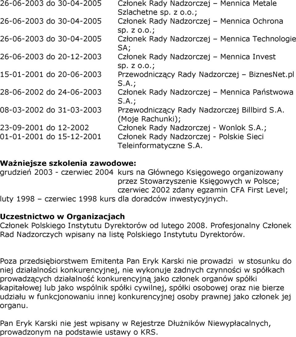 A. (Moje Rachunki); 23-09-2001 do 12-2002 Członek Rady Nadzorczej - Wonlok S.A.; 01-01-2001 do 15-12-2001 Członek Rady Nadzorczej - Polskie Sieci Teleinformatyczne S.A. Ważniejsze szkolenia zawodowe: