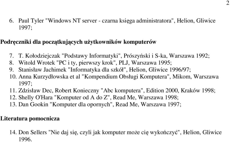 Anna Kurzydłowska et al "Kompendium Obsługi Komputera", Mikom, Warszawa 1997; 11. Zdzisław Dec, Robert Konieczny "Abc komputera", Edition 2000, Kraków 1998; 12.