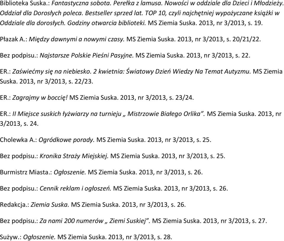 Bez podpisu.: Najstarsze Polskie Pieśni Pasyjne. MS Ziemia Suska. 2013, nr 3/2013, s. 22. ER.: Zaświećmy się na niebiesko. 2 kwietnia: Światowy Dzień Wiedzy Na Temat Autyzmu. MS Ziemia Suska. 2013, nr 3/2013, s. 22/23.