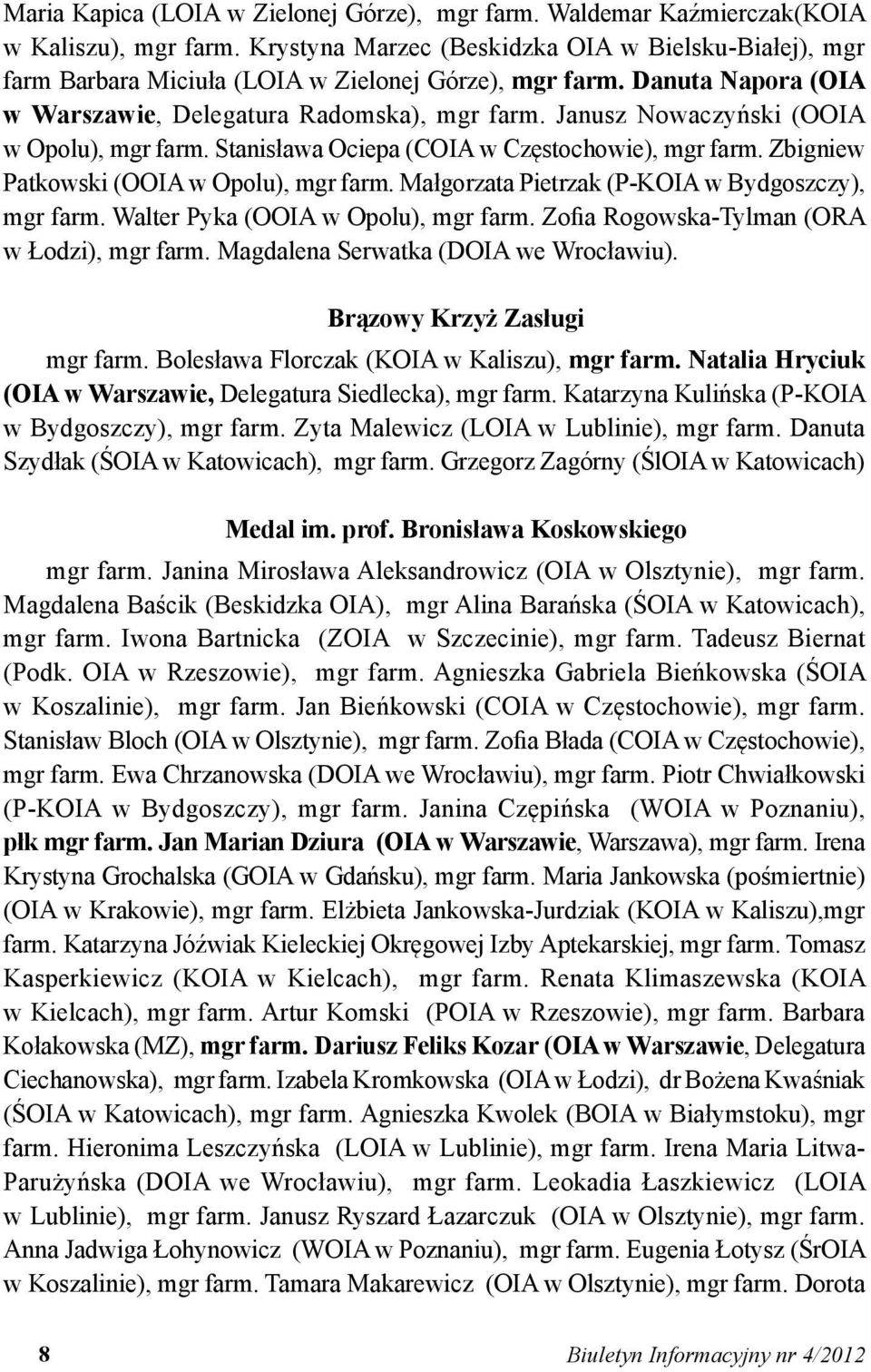 Janusz Nowaczyński (OOIA w Opolu), mgr farm. Stanisława Ociepa (COIA w Częstochowie), mgr farm. Zbigniew Patkowski (OOIA w Opolu), mgr farm. Małgorzata Pietrzak (P-KOIA w Bydgoszczy), mgr farm.