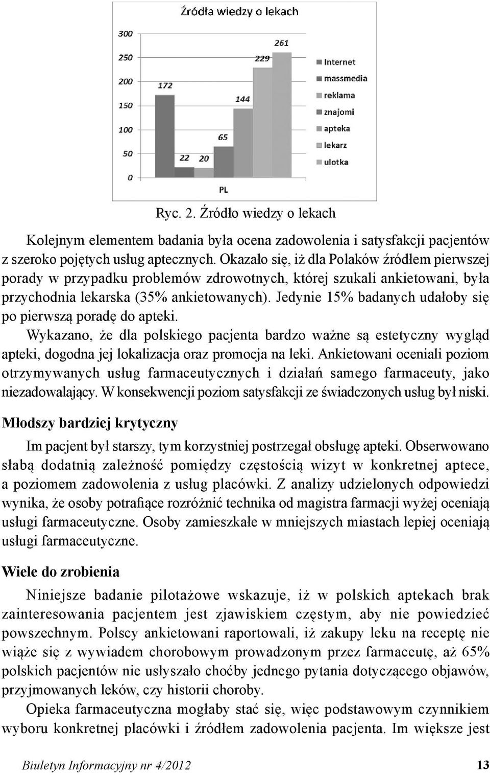 Jedynie 15% badanych udałoby się po pierwszą poradę do apteki. Wykazano, że dla polskiego pacjenta bardzo ważne są estetyczny wygląd apteki, dogodna jej lokalizacja oraz promocja na leki.