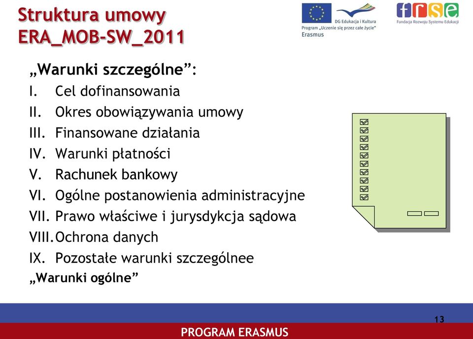 Rachunek bankowy VI. Ogólne postanowienia administracyjne VII.