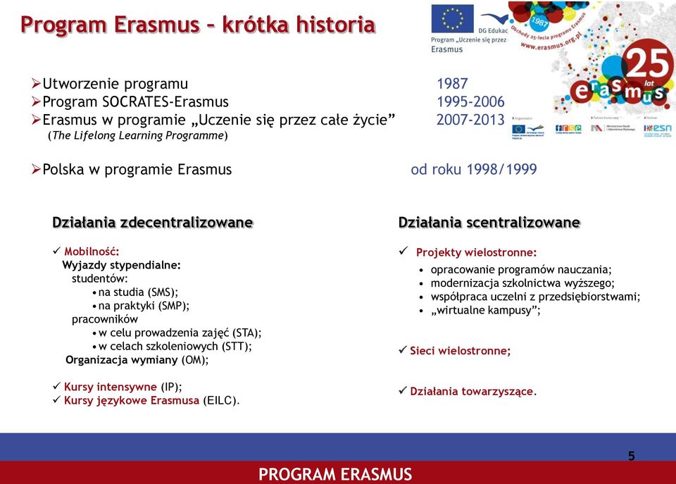 celu prowadzenia zajęć (STA); w celach szkoleniowych (STT); Organizacja wymiany (OM); Kursy intensywne (IP); Kursy językowe Erasmusa (EILC).