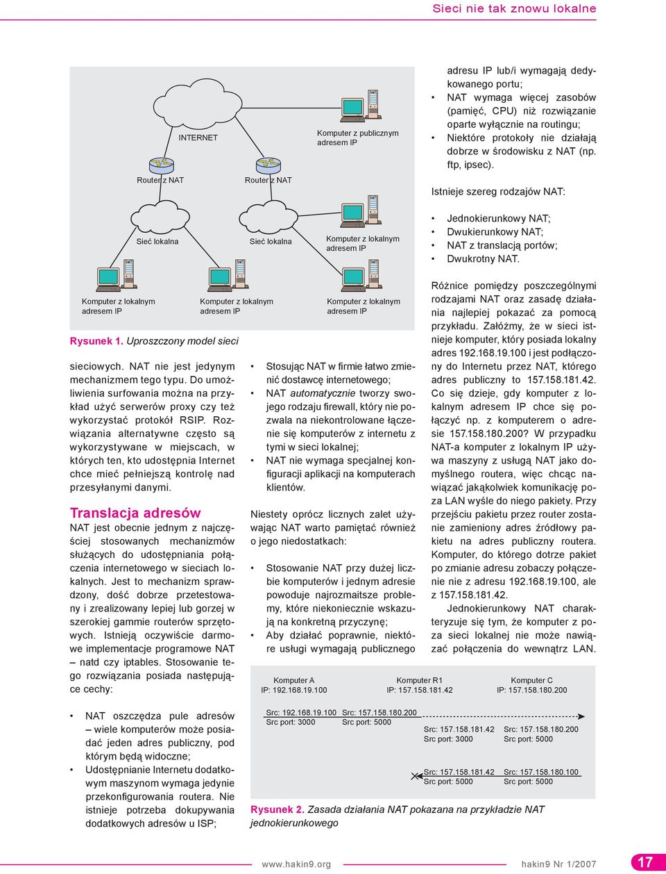 Router z NAT Router z NAT Istnieje szereg rodzajów NAT: Sieć lokalna Sieć lokalna Komputer z lokalnym adresem IP Jednokierunkowy NAT; Dwukierunkowy NAT; NAT z translacją portów; Dwukrotny NAT.