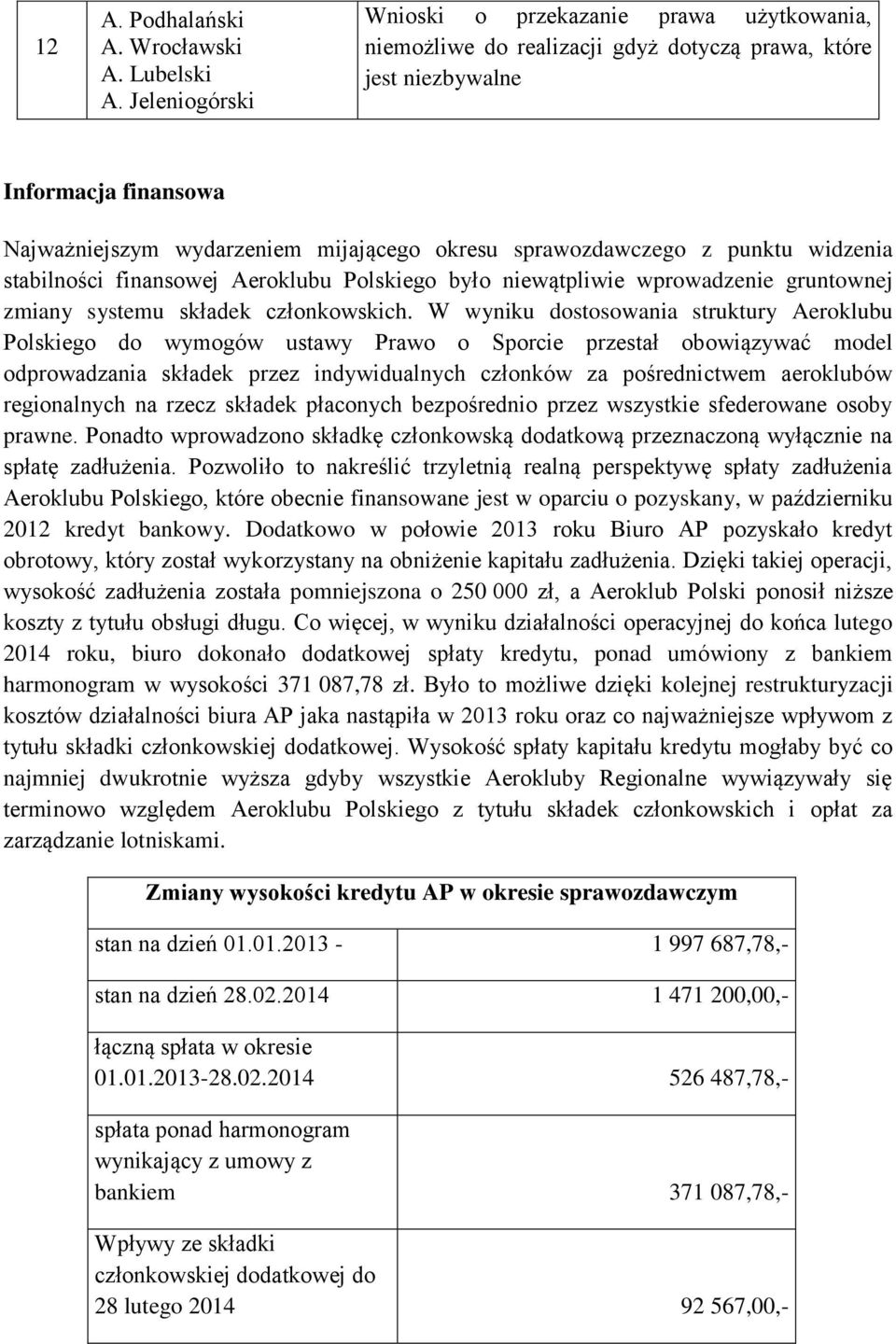 sprawozdawczego z punktu widzenia stabilności finansowej Aeroklubu Polskiego było niewątpliwie wprowadzenie gruntownej zmiany systemu składek członkowskich.