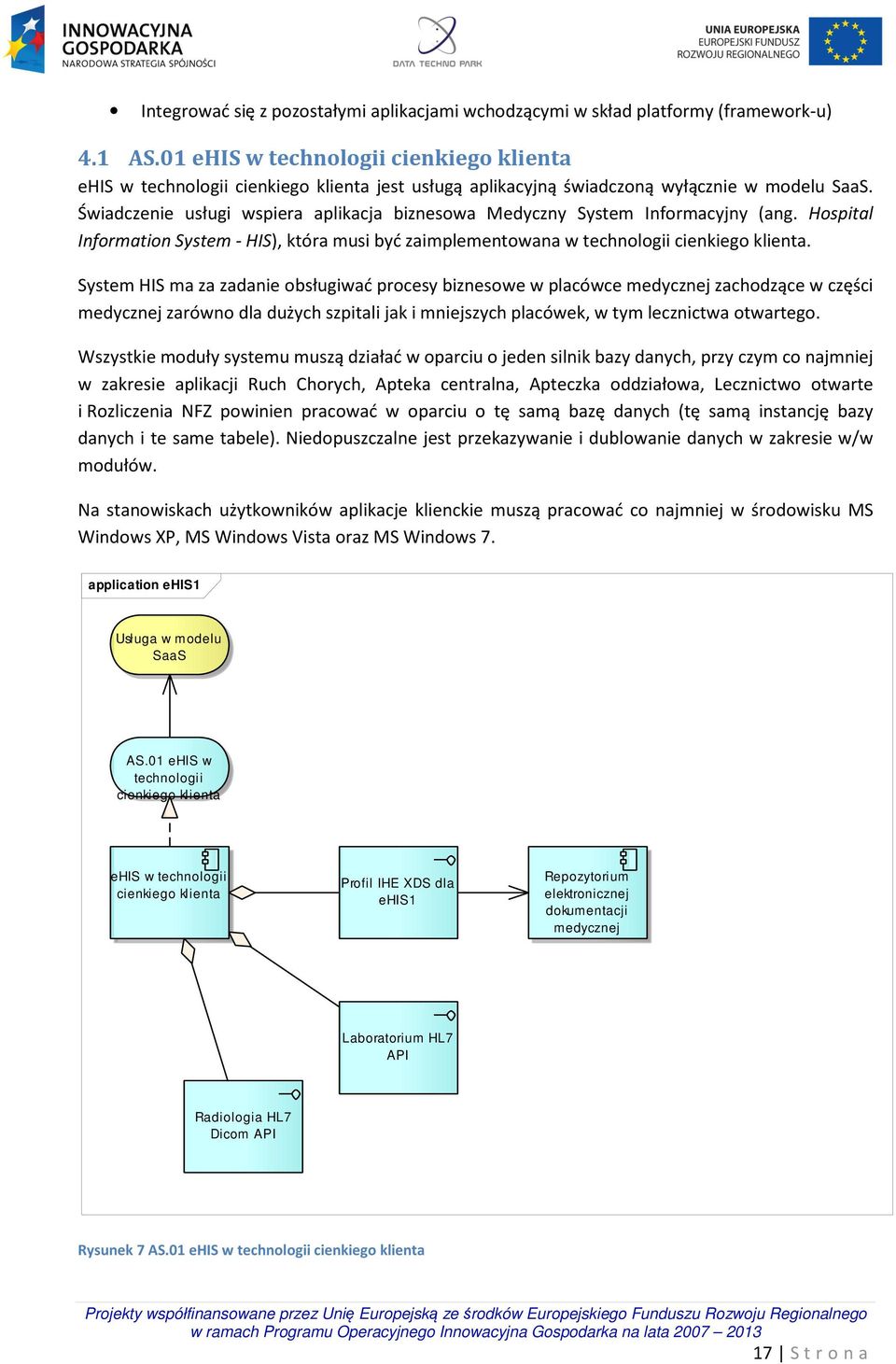 Świadczenie usługi wspiera aplikacja biznesowa Medyczny System Informacyjny (ang. Hospital Information System - HIS), która musi być zaimplementowana w technologii cienkiego klienta.