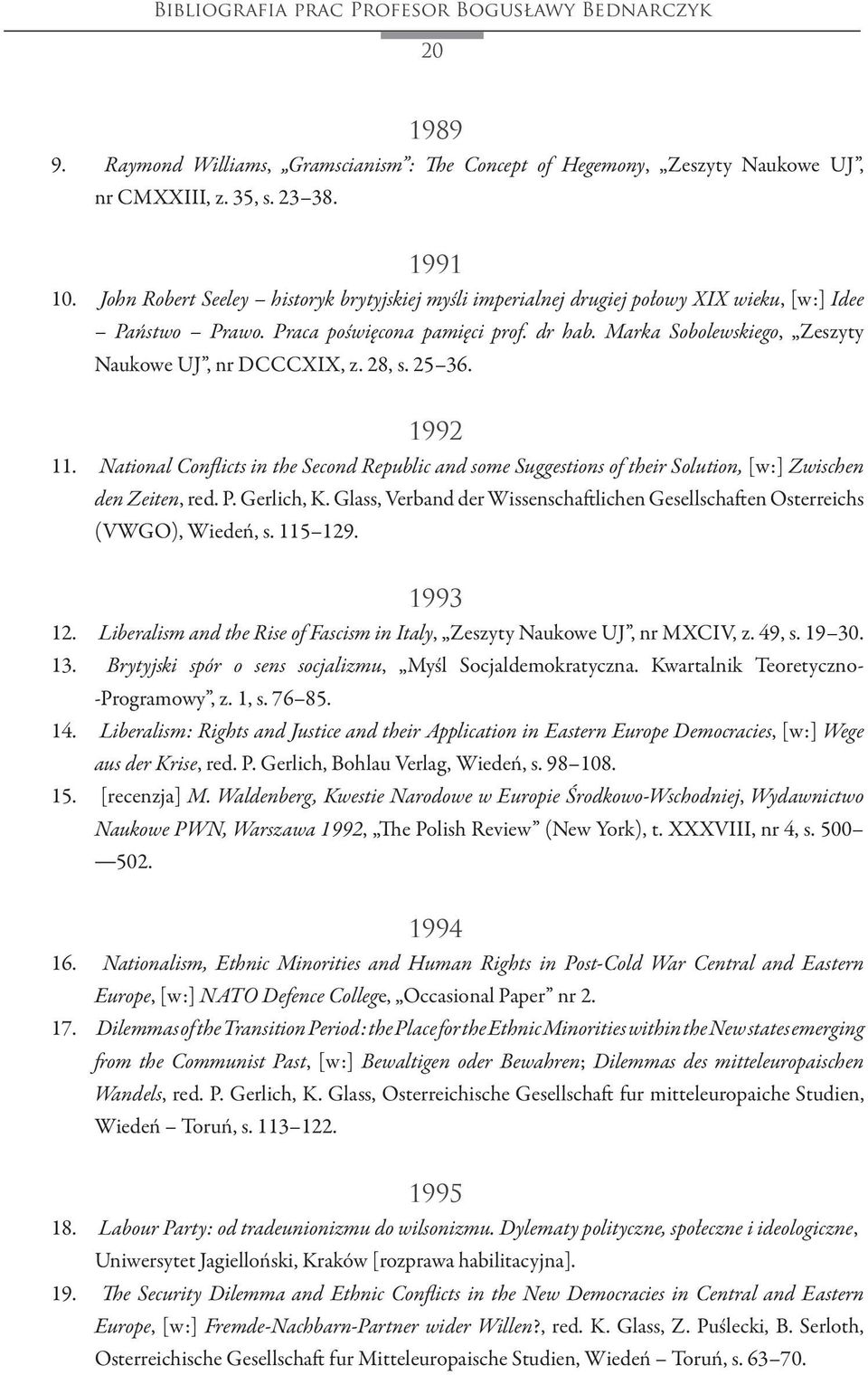 Marka Sobolewskiego, Zeszyty Naukowe UJ, nr DCCCXIX, z. 28, s. 25 36. 1992 11. National Conflicts in the Second Republic and some Suggestions of their Solution, [w:] Zwischen den Zeiten, red. P.