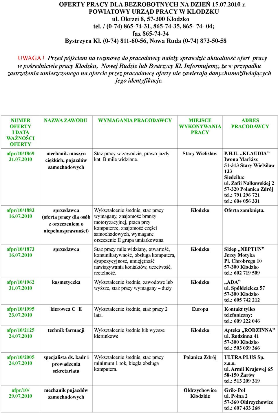 Informujemy, że w przypadku zastrzeżenia umieszczonego na ofercie przez pracodawcę oferty nie zawierają danychumożliwiających jego identyfikacje. NUMER OFERTY I DATA WAŻNOŚCI OFERTY ofpr/10/1869 31.