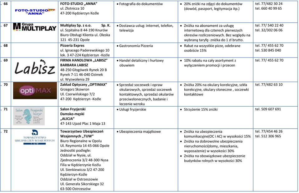 69 FIRMA HANDLOWA LABISZ BARBARA LABISZ 48-250 Głogówek Rynek 20 B Rynek 7-11 46-040 Ozimek ul. Wyzwolenia 29 70. 70 Zakład Optyczny OPTIMAX Grzegorz Skowron Ul.