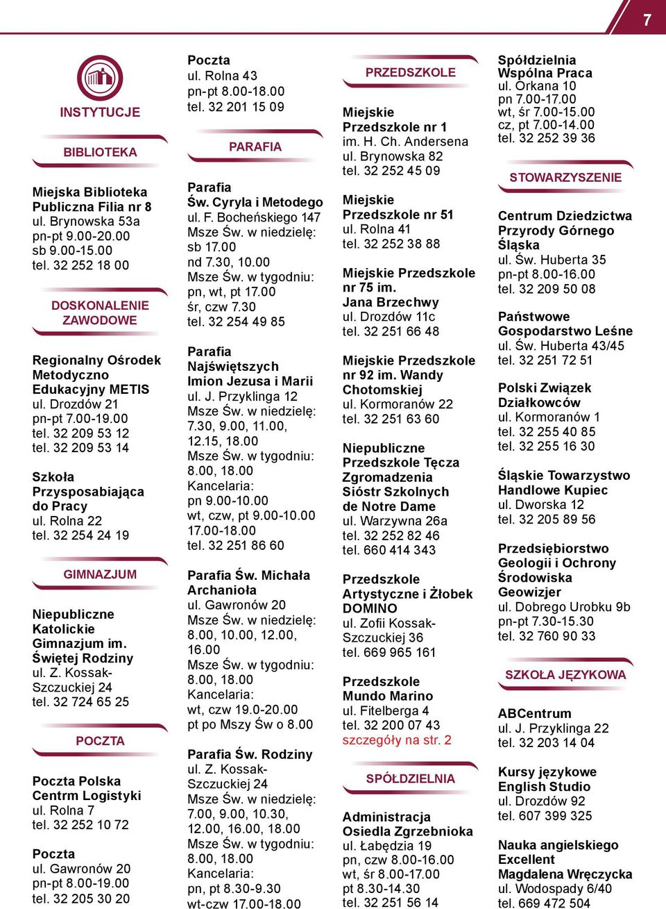 32 254 24 19 GIMNAZJUM Niepubliczne Katolickie Gimnazjum im. Świętej Rodziny ul. Z. Kossak- Szczuckiej 24 tel. 32 724 65 25 POCZTA Poczta Polska Centrm Logistyki ul. Rolna 7 tel.