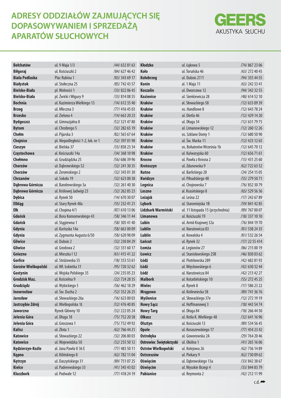 Żwirki i Wigury 9 /33/ 814 08 55 Bochnia ul. Kazimierza Wielkiego 13 /14/ 612 35 40 Brzeg ul. Mleczna 3 /77/ 416 45 03 Brzesko ul. Zielona 4 /14/ 663 20 23 Bydgoszcz ul.
