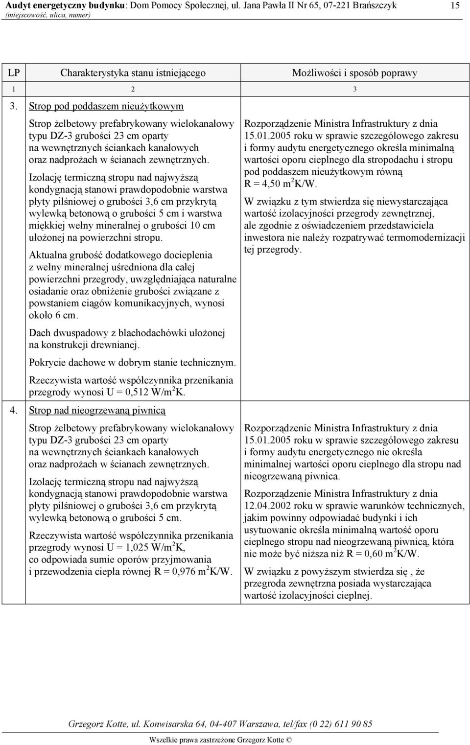 Izolację termiczną stropu nad najwyższą kondygnacją stanowi prawdopodobnie warstwa płyty pilśniowej o grubości 3,6 cm przykrytą wylewką betonową o grubości 5 cm i warstwa miękkiej wełny mineralnej o