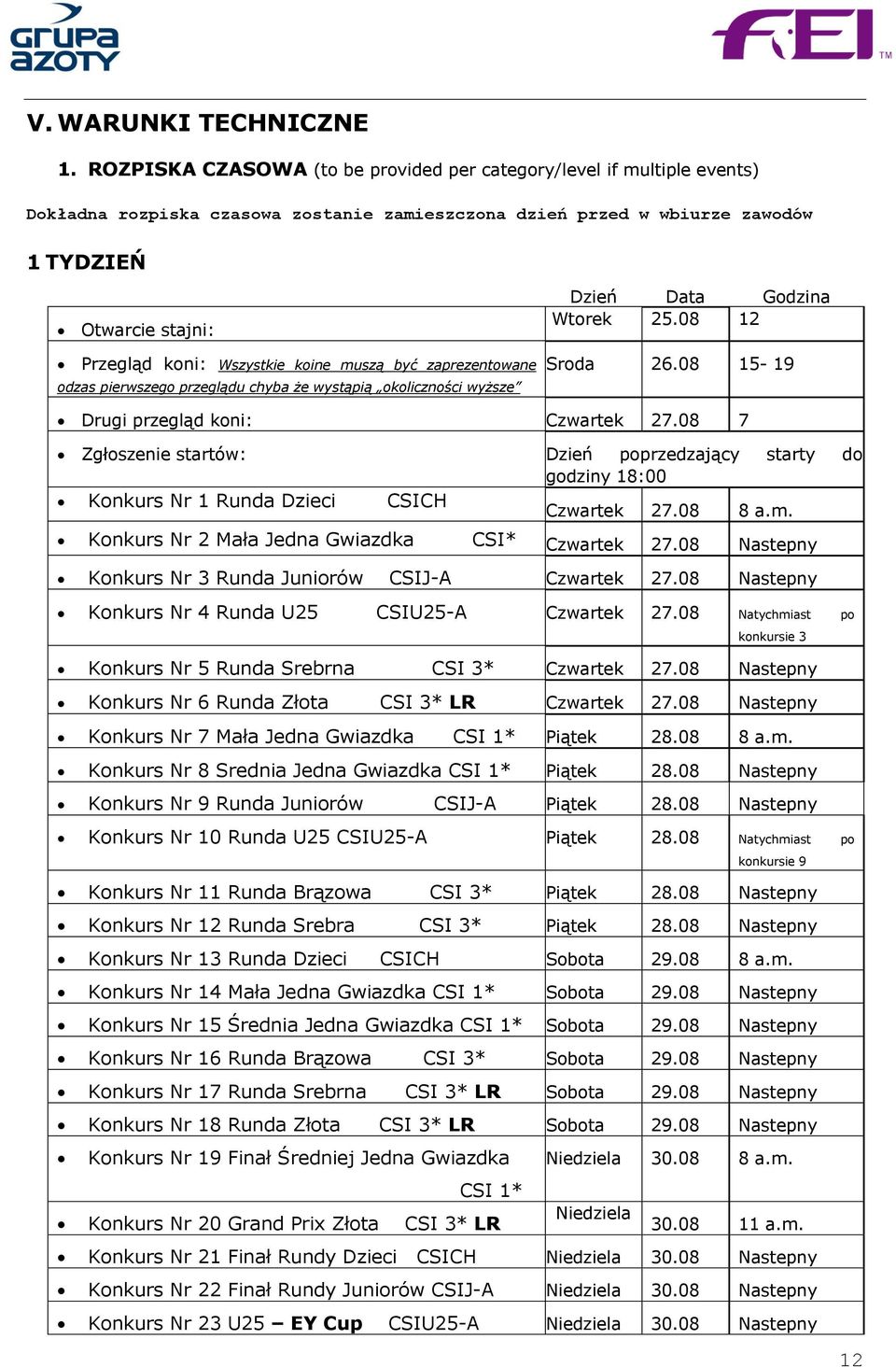 Wszystkie koine muszą być zaprezentowane odzas pierwszego przeglądu chyba że wystąpią okoliczści wyższe Dzień Data Godzina Wtorek 25.08 12 Sroda 26.08 15-19 Drugi przegląd koni: Czwartek 27.